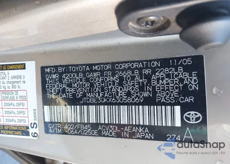 2006 Toyota Camry Le from USA, damaged, VIN JTDBE30KX63058069